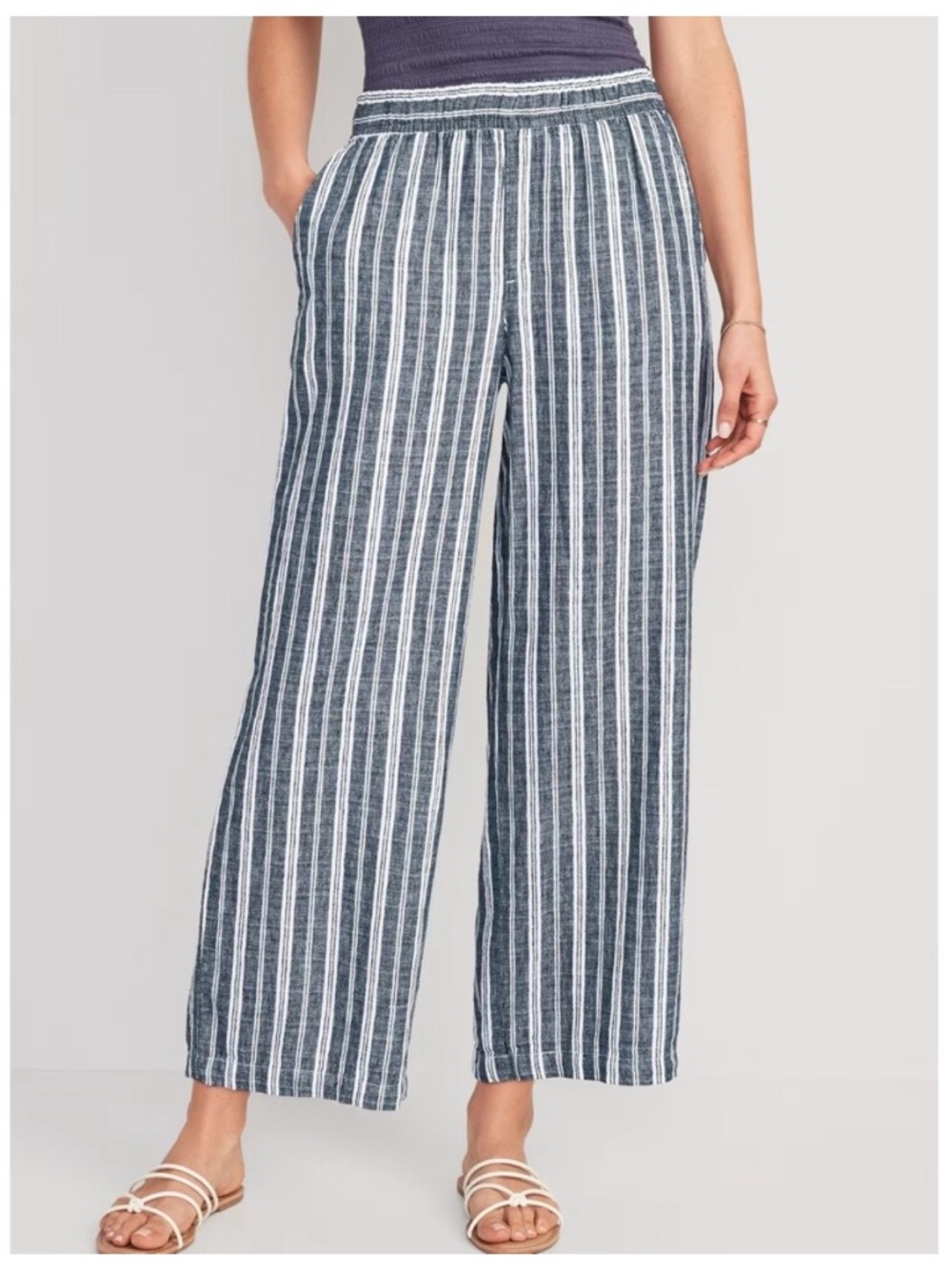 NWT Old Navy Navy and White Vertical-Stripe Wide Leg Linen-Blend Pull On Pants